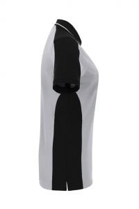 Graues Damen Arbeits Poloshirt mit schwarzen Kontrasteinsätzen und Vier-Loch-Knopfleiste – strapazierfähig und pflegeleicht für Handwerk, Pflege und Gastronomie.